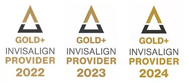 The image displays a series of four logos, each with the word  INVISALIGN  prominently featured, alongside different icons and text that represent various levels of service or product offerings. These include  GOLD,   PLATINUM,   DIAMOND,  and  INVISALIGN PROVIDER.  The logos are arranged in a horizontal row against a light background, with each logo having a unique design element such as color and symbolic of the tier it represents.